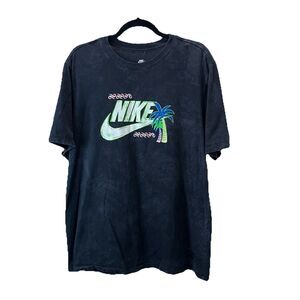 The Nike Tee Black Gray Acid Wash Graphic Shirt Palm Tree Logo Womens Size L